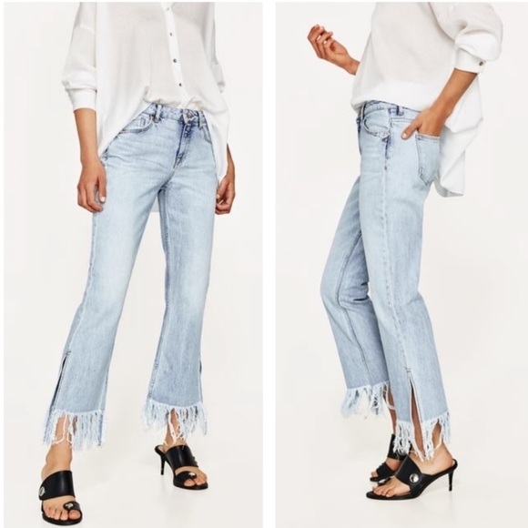 Zara Denim - Zara Basic 1975 Mid-Rise Fringe Side Slit Cropped Jeans